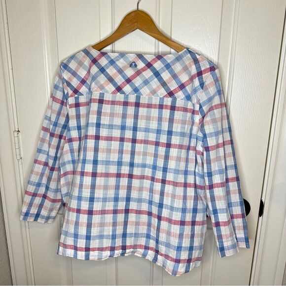 Barbour Harbourside Blue Pink White Checked Cotton Tie Waist Blouse Sz 14 Preppy - Picture 4 of 7